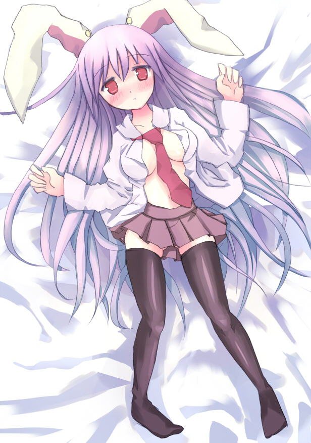 tsunono, reisen udongein inaba, touhou, 1girl, animal ears, bad anatomy, bad feet, blush, feet, female focus, long hair, lying, necktie, open clothes, open shirt, poorly drawn, purple hair, rabbit ears, red necktie, shirt, skirt, solo, thighhighs