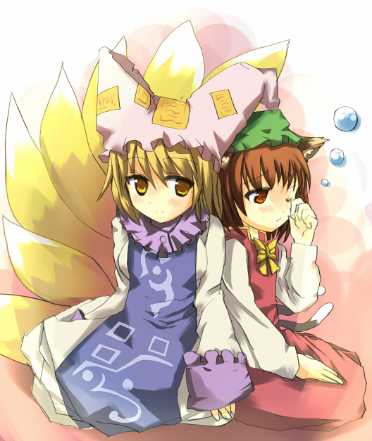 tsunono, chen, yakumo ran, touhou, 2girls, animal ears, animal hat, blonde hair, brown hair, bubble, cat tail, female focus, fox tail, hat, long sleeves, mob cap, multiple girls, multiple tails, one eye closed, red eyes, short hair, tail, wide sleeves, yellow eyes