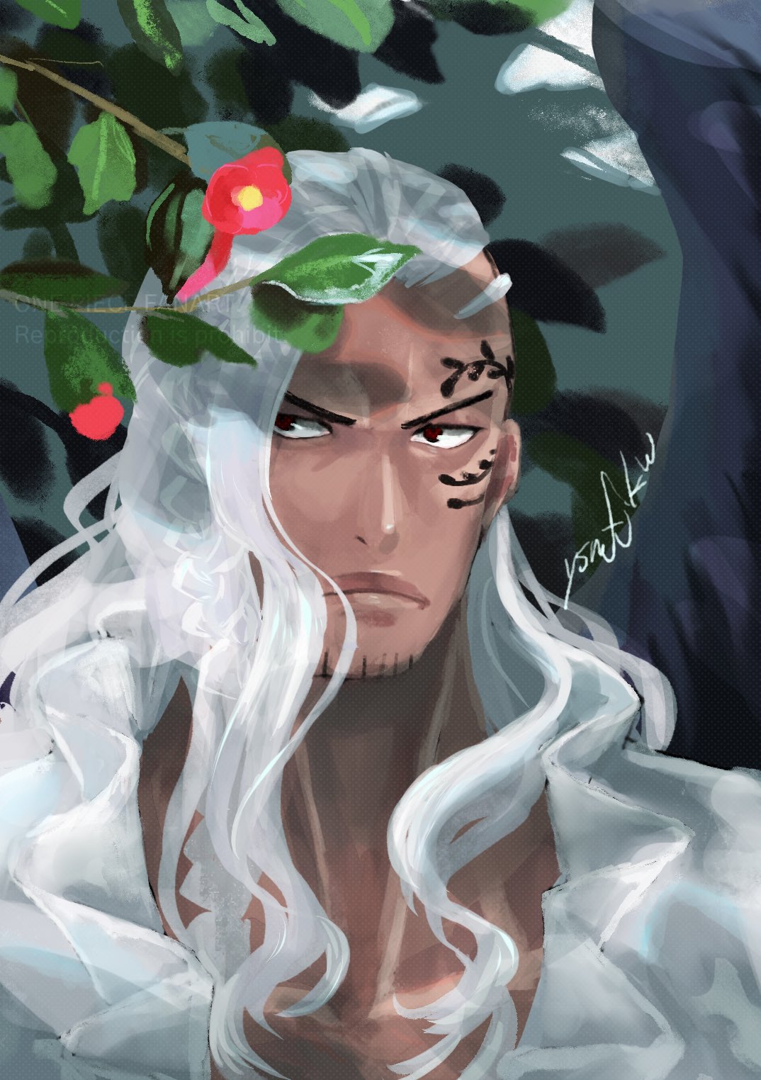 ysnfjkw, king (one piece), one piece, commentary, highres, symbol-only commentary, 1boy, black wings, braid, closed mouth, dark-skinned male, dark skin, facial hair, facial tattoo, goatee stubble, long hair, looking to the side, red eyes, shirt, signature, solo, stubble, tattoo, white hair, white shirt, wings