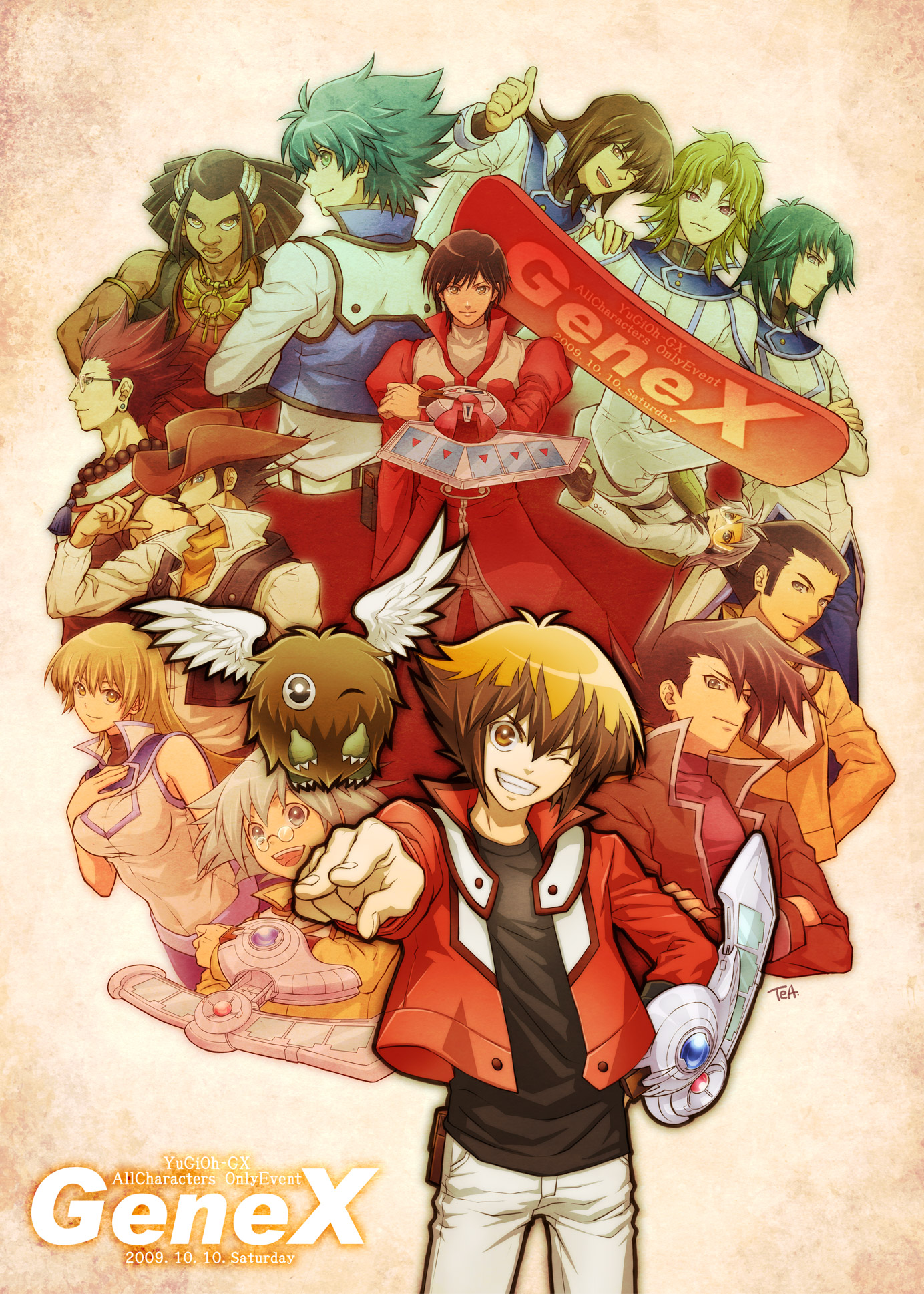 tea (retroz), amon garam, austin o'brien, edo phoenix, fujiwara yuusuke, hibiki koyo, johan andersen, kuriboh, manjoume jun, marufuji ryo, marufuji sho, misawa daichi, tenjouin asuka, tenjouin fubuki, winged kuriboh, yuki judai, yu-gi-oh!, yu-gi-oh! gx, bad id, bad pixiv id, highres, 1girl, 6+boys, black hair, blonde hair, brown eyes, brown hair, dark-skinned male, dark skin, duel disk, duel monster, everyone, glasses, green eyes, green hair, hat, long hair, male focus, monster, multiple boys, obelisk blue uniform, one eye closed, osiris red uniform, ra yellow uniform, red hair, school uniform, short hair, smile, wink