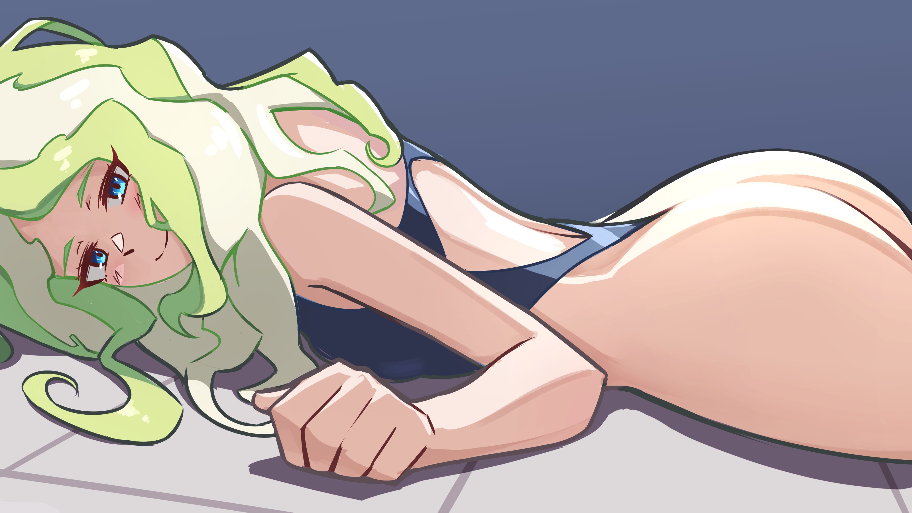 madabau, diana cavendish, little witch academia, absurdres, highres, 1girl, ass, blonde hair, blue background, blue eyes, blue one-piece swimsuit, breasts, closed mouth, green hair, long hair, lying, on stomach, one-piece swimsuit, simple background, smile, solo, swimsuit, tile floor, tiles, wavy hair