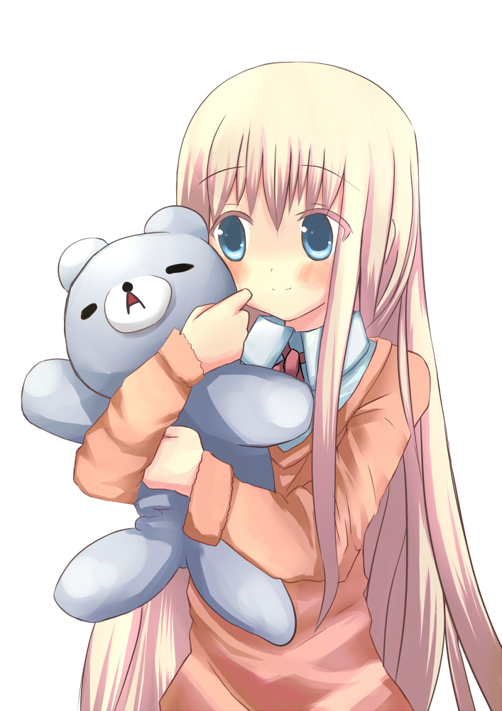 tsunono, original, 1girl, blonde hair, blue eyes, female focus, long hair, simple background, solo, stuffed animal, stuffed toy, teddy bear, white background