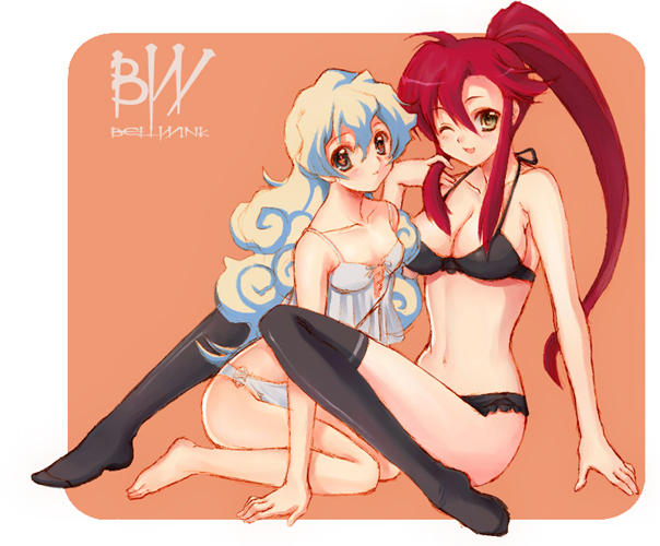 seiru (prairie), nia teppelin, yoko littner, tengen toppa gurren lagann, 00s, 2girls, barefoot, bra, breasts, cleavage, feet, large breasts, lingerie, long hair, medium breasts, multicolored hair, multiple girls, nightshirt, one eye closed, panties, ponytail, red hair, socks, thighhighs, underwear, underwear only, wink, yellow eyes