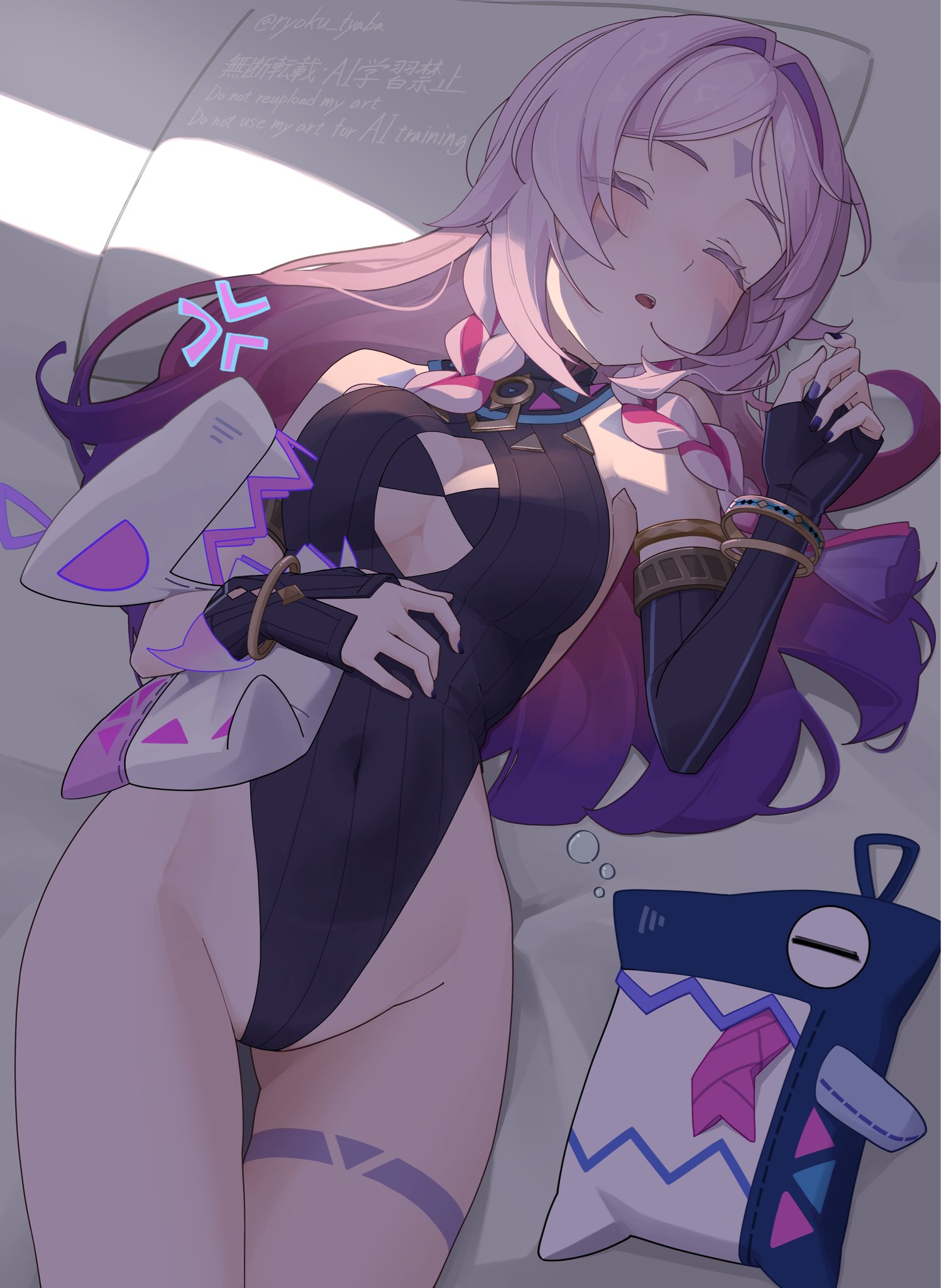 ryoku tyaba, citlali (genshin impact), citlalin (genshin impact), itzpapa (genshin impact), genshin impact, commentary, highres, 1girl, anger vein, asymmetrical gloves, bare shoulders, bed sheet, black gloves, black leotard, blush, braid, breasts, cleavage, closed eyes, covered navel, facial mark, fingerless gloves, fingernails, forehead mark, gloves, leotard, long hair, lying, medium breasts, nail polish, on back, parted lips, pink hair, purple nails, sleeping, triangle, triangle facial mark, twin braids, uneven gloves, very long hair