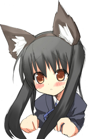tsunono, nakano azusa, k-on!, 00s, 1girl, animal ears, black hair, blush, brown eyes, female focus, long hair, sakuragaoka high school uniform, school uniform, simple background, solo
