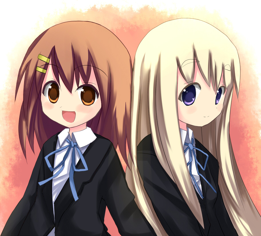 tsunono, hirasawa yui, kotobuki tsumugi, k-on!, 00s, 2girls, blonde hair, brown eyes, brown hair, long hair, multiple girls, purple eyes, school uniform