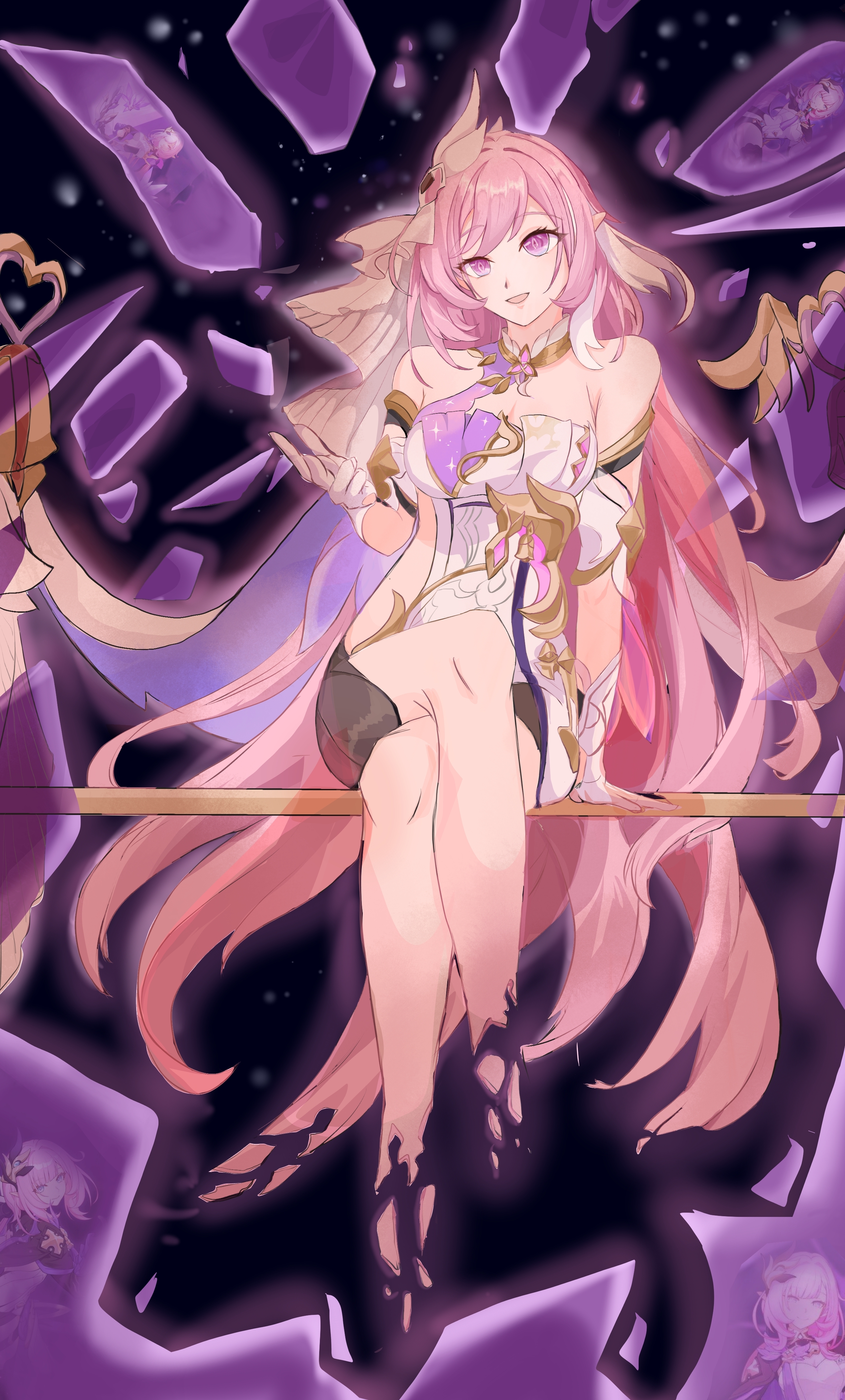 siri863465, elysia (herrscher of human: ego) (honkai impact), elysia (honkai impact), elysia (miss pink elf) (honkai impact), honkai (series), honkai impact 3rd, absurdres, chinese commentary, commentary request, highres, 1girl, bare legs, bare shoulders, bell, black shorts, blurry, breasts, cleavage, clothing cutout, crossed legs, crystal shards, depth of field, elf, floating, gloves, hair between eyes, large breasts, long hair, looking at viewer, pink eyes, pink hair, pointy ears, shattered, shirt, short shorts, shorts, side cutout, sitting, sitting on object, smile, staff, triquetra, veil, very long hair, white gloves, white shirt, white veil