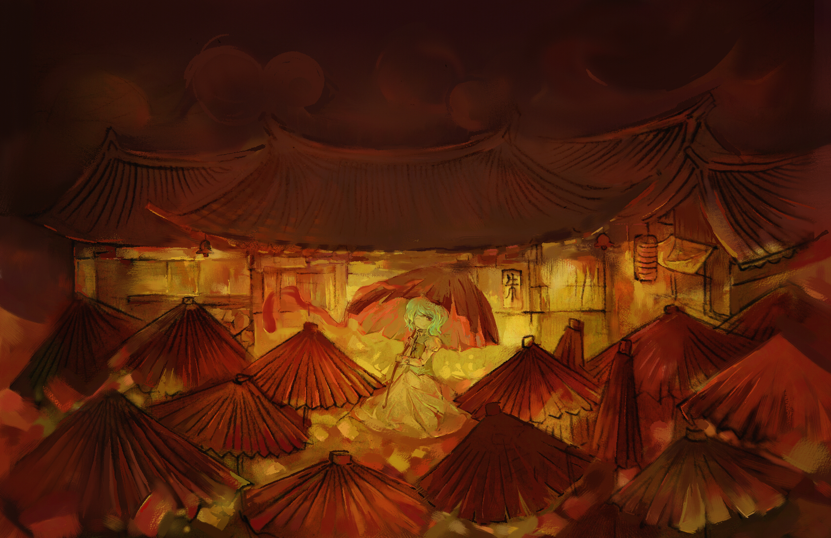 tsuuyakukan reni, tatara kogasa, touhou, highres, 1girl, female focus, green hair, karakasa obake, one eye closed, outdoors, red eyes, solo, standing, tongue, umbrella, wink