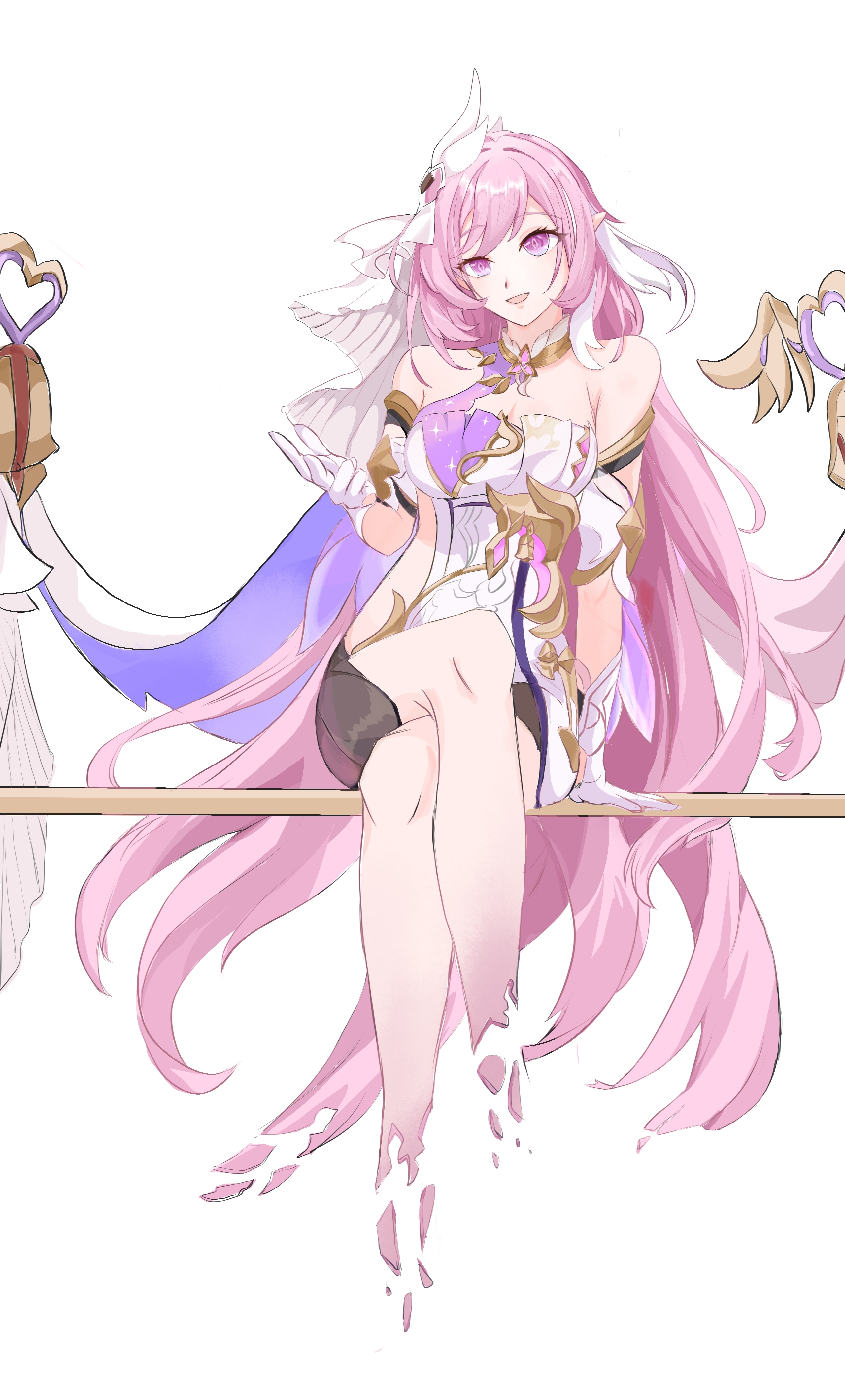 siri863465, elysia (herrscher of human: ego) (honkai impact), elysia (honkai impact), elysia (miss pink elf) (honkai impact), honkai (series), honkai impact 3rd, absurdres, chinese commentary, commentary request, highres, 1girl, bare legs, bare shoulders, bell, black shorts, breasts, cleavage, clothing cutout, crossed legs, elf, floating, gloves, hair between eyes, large breasts, long hair, looking at viewer, pink eyes, pink hair, pointy ears, shattered, shirt, short shorts, shorts, side cutout, simple background, sitting, sitting on object, smile, staff, triquetra, veil, very long hair, white background, white gloves, white shirt, white veil