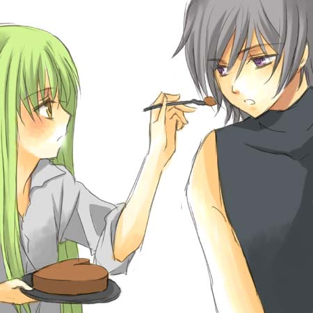 c.c., lelouch vi britannia, code geass, lowres, 00s, 1boy, 1girl, black hair, chocolate, feeding, green hair, heart, long hair, purple eyes, simple background, white background, yellow eyes