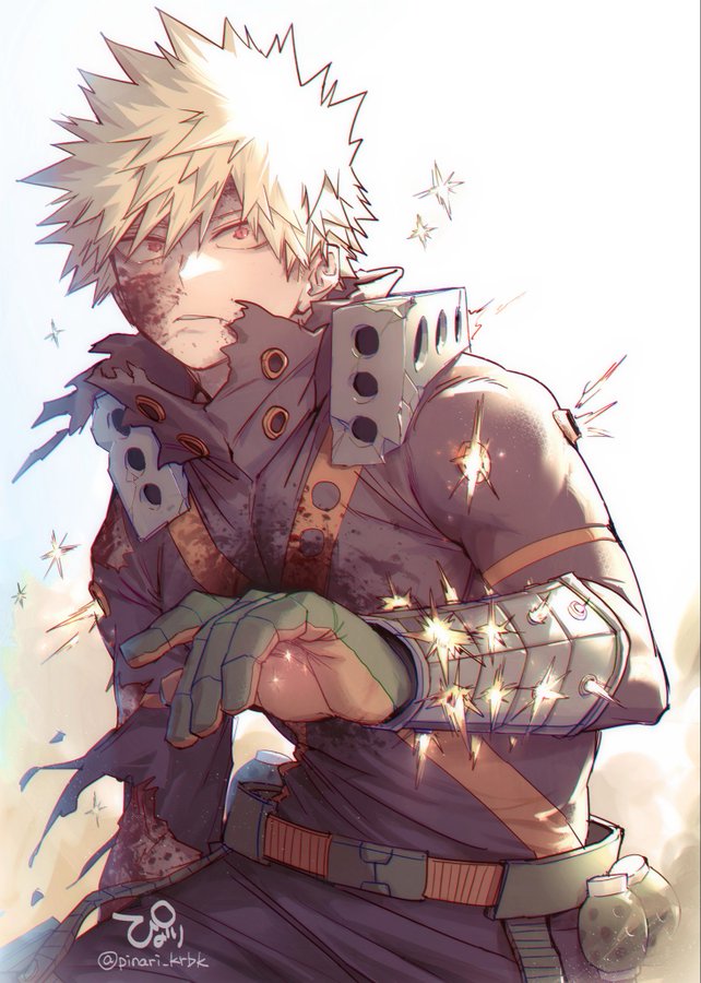 tsukota, bakugou katsuki, boku no hero academia, commentary request, 1boy, blonde hair, blood, blood on arm, blood on clothes, blood on face, gloves, male focus, red eyes, short hair, solo, spiked hair, teeth, torn clothes, twitter username