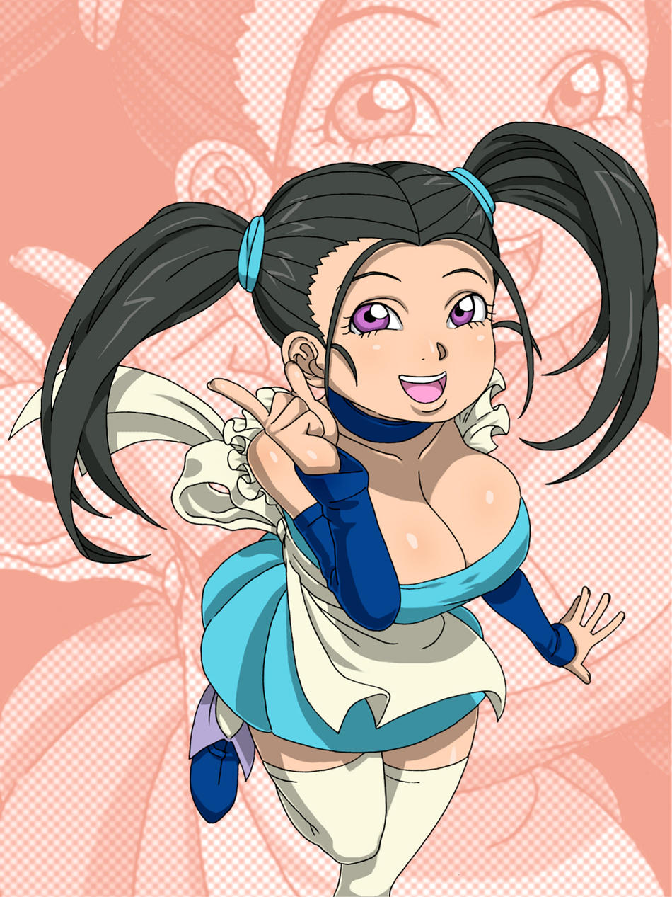 bouquet (blue dragon), blue dragon, highres, 00s, 1girl, black hair, breasts, choker, cleavage, detached sleeves, large breasts, open mouth, purple eyes, thighhighs, twintails