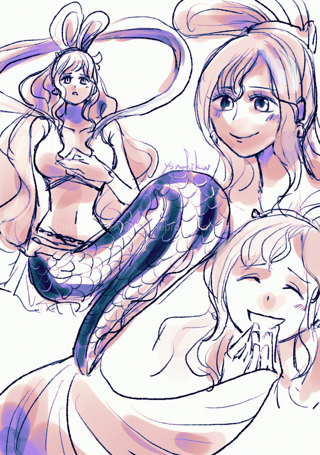 ysnfjkw, shirahoshi, one piece, commentary, highres, symbol-only commentary, 1girl, ^ ^, bikini, bikini top only, blush, closed eyes, earrings, eyelashes, hagoromo, half updo, jewelry, mermaid, monster girl, multiple views, navel, shawl, sidelocks, signature, smile, swimsuit