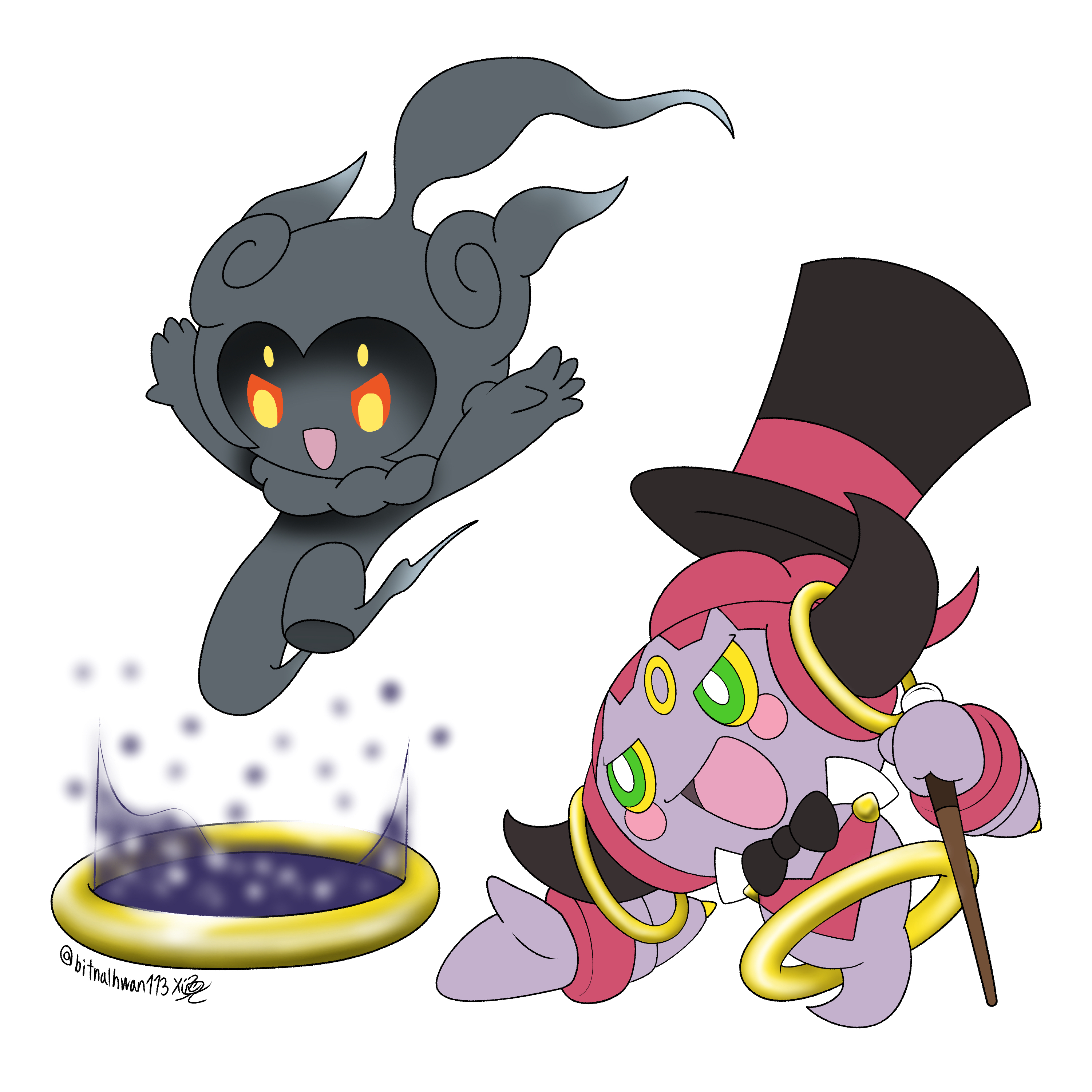 hoopa, hoopa (confined), marshadow, nintendo, pokemon, absurdres, highres, black bow, black bowtie, black hat, black horns, blush, blush stickers, bow, bowtie, bright pupils, cartoonagent, clothed pokemon, colored sclera, flat color, gen 6 pokemon, gen 7 pokemon, gold ring, green eyes, hat, holding, horns, legendary pokemon, mythical pokemon, open mouth, pokemon (creature), pokemon focus, portal (object), rayman limbs, red sclera, signature, simple background, smile, top hat, v-shaped eyes, white background, white pupils, yellow eyes, yellow sclera