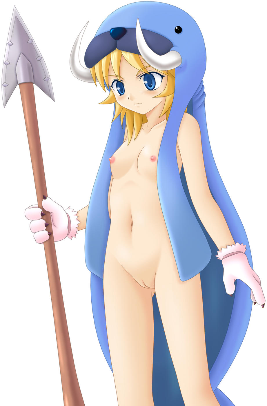 miracle!, selki, latale, highres, 1girl, blonde hair, blue eyes, blush, claws, cleft of venus, female focus, flat chest, groin, harpoon, loli, navel, nipples, pussy, simple background, solo, standing, uncensored, walrus, weapon, white background
