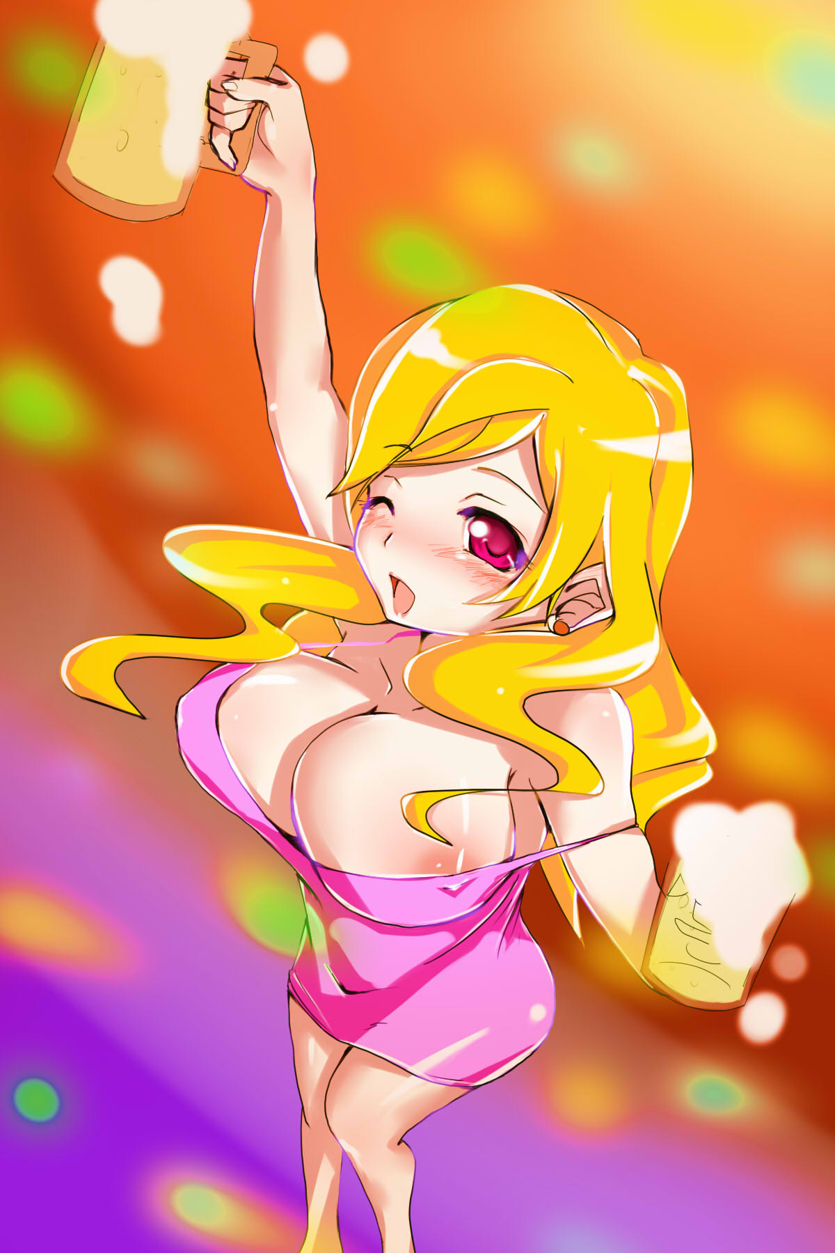 ganari ryuu, takasu yasuko, toradora!, highres, 00s, 1girl, alcohol, beer, blonde hair, blush, breasts, cleavage, cup, dress, drunk, earrings, female focus, jewelry, large breasts, long hair, mature female, mug, neon lights, one eye closed, pink eyes, short dress, solo, strap slip, wavy hair, wink