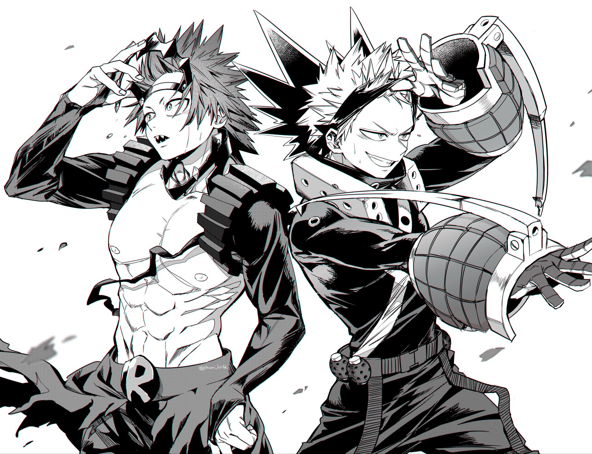 tsukota, bakugou katsuki, kirishima eijiro, boku no hero academia, commentary request, highres, 2boys, abs, gears, gloves, greyscale, grin, male focus, mask lift, monochrome, multiple boys, nipples, open mouth, pectorals, sharp teeth, short hair, simple background, smile, spiked hair, teeth, white background