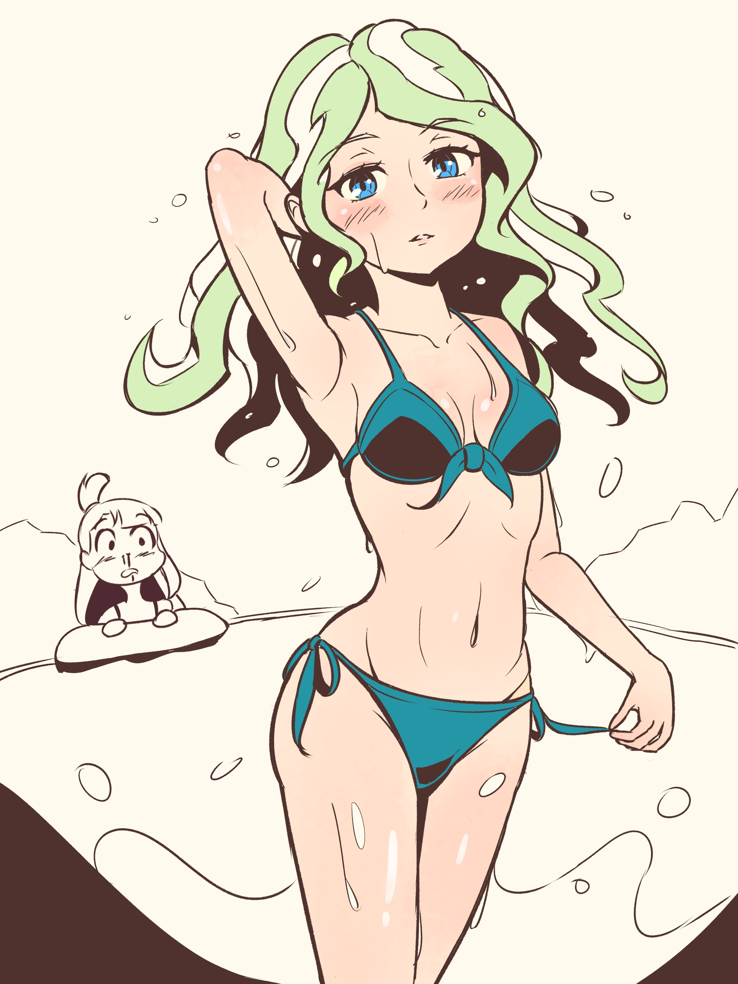 madabau, diana cavendish, kagari atsuko, little witch academia, absurdres, highres, 2girls, arm up, armpits, aroused nosebleed, bikini, blonde hair, blood, blue bikini, blue eyes, breasts, day, green hair, long hair, looking at another, looking at viewer, medium breasts, multicolored hair, multiple girls, navel, nosebleed, outdoors, parted lips, partially colored, side-tie bikini bottom, sky, solo focus, stomach, swimsuit, two-tone hair, water, wavy hair, wet