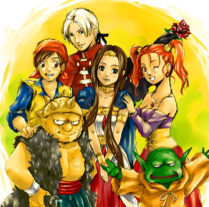 arao (rosa), angelo, hero (dq8), jessica albert, kukuru (dq8), kukuru (dragon quest), medea (dq8), trode, yangus, dragon quest, dragon quest viii, square enix, lowres, 2girls, 4boys, auff1drau30fbo, breasts, brown hair, cape, circlet, colored skin, dress, everyone, facing viewer, green eyes, green skin, long hair, looking at viewer, medium breasts, multiple boys, multiple girls, one eye closed, pointy ears, red eyes, red hair, smile, twintails, wink