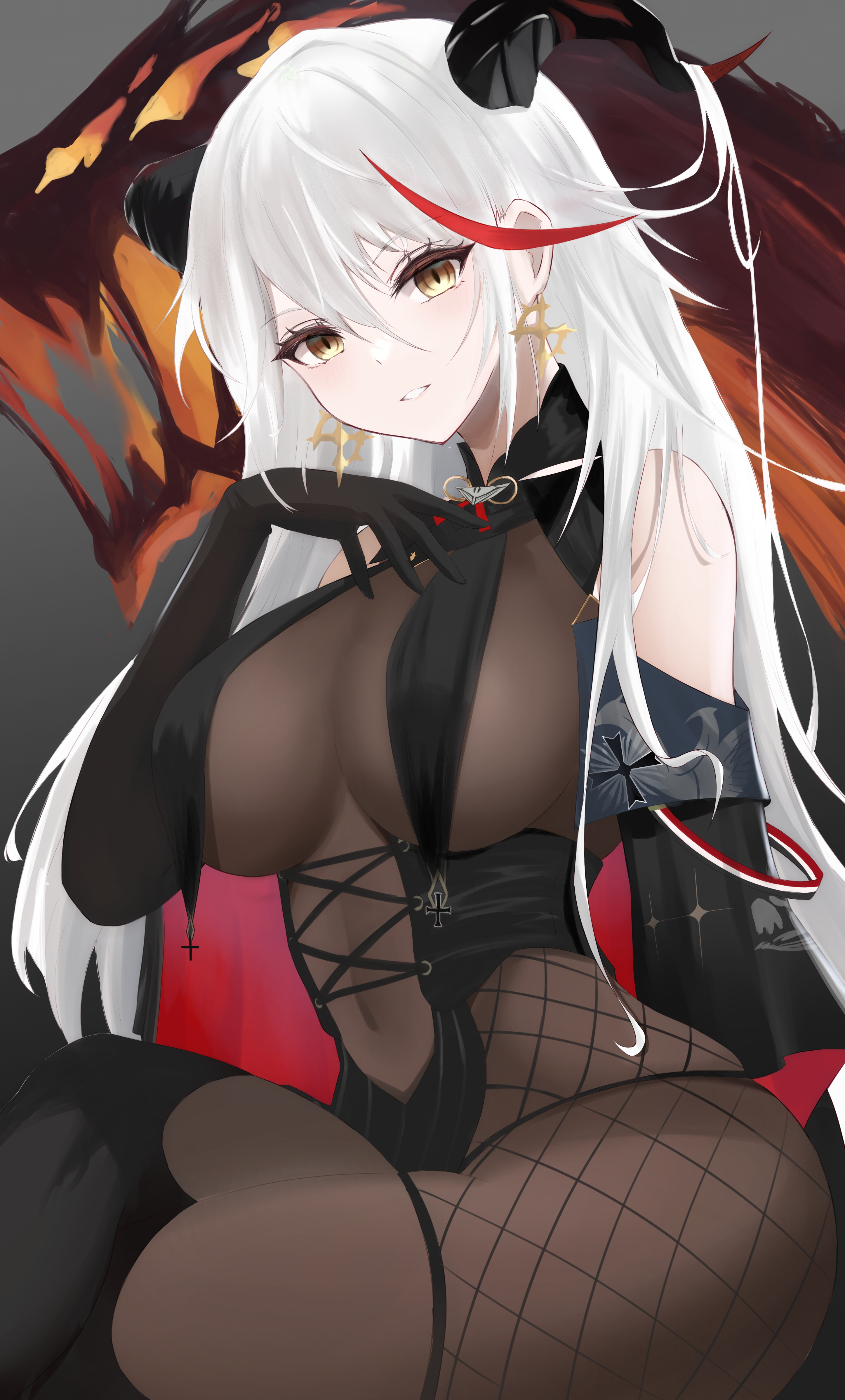 pigu 56100, aegir (azur lane), azur lane, absurdres, commentary, highres, 1girl, backward-facing horns, bare shoulders, black gloves, black horns, bodystocking, breast curtains, breasts, cross, cross earrings, demon horns, earrings, elbow gloves, gloves, hair between eyes, hair on horn, horns, jewelry, large breasts, light smile, long hair, looking at viewer, multicolored hair, red streaks, sitting, solo, streaked hair, two-tone hair, very long hair, white hair, yellow eyes