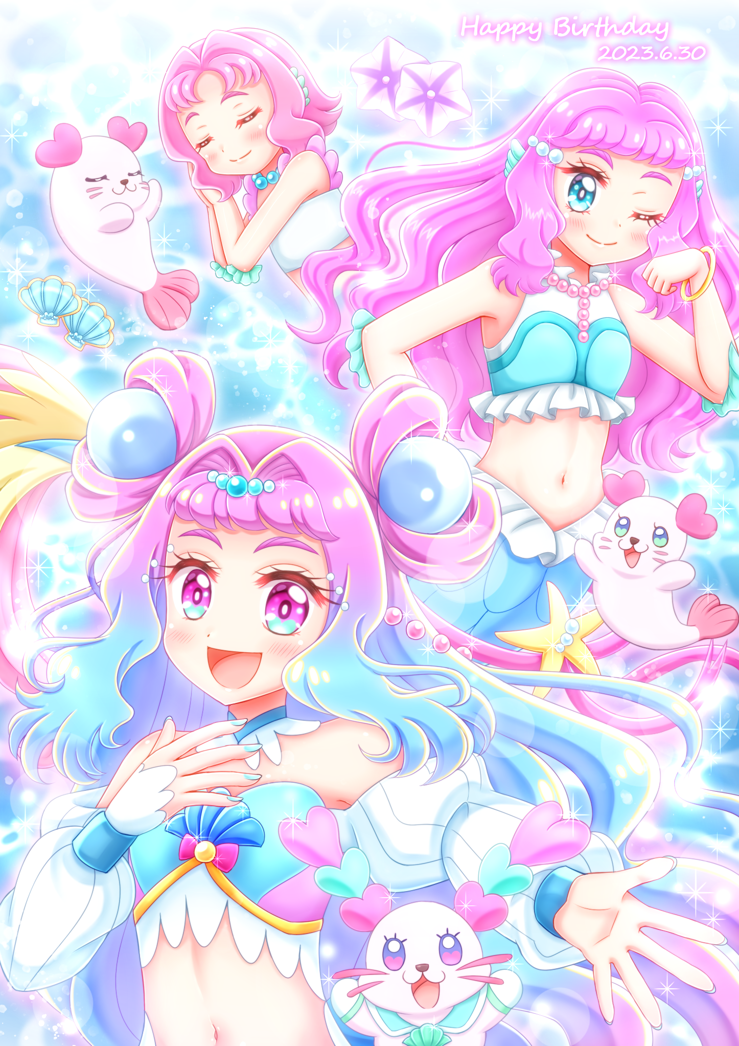 niwatori (syamo chamo), cure la mer, kururun (precure), laura la mer, precure, tropical-rouge! precure, highres, 1girl, 1other, aqua eyes, aqua hair, aqua nails, aqua shirt, blush, bracelet, closed eyes, closed mouth, crop top, cure kururun, detached collar, gradient eyes, gradient hair, happy birthday, jewelry, long hair, long sleeves, looking at viewer, magical girl, mermaid, monster girl, multicolored eyes, multicolored hair, navel, one eye closed, open mouth, pearl hair ornament, pink eyes, pink hair, seashell, shell, shirt, sleeveless, sleeveless shirt, smile, stomach, very long hair, white sleeves