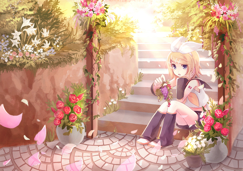 shiramori yuse, kagamine rin, vocaloid, 1girl, blonde hair, blue eyes, detached sleeves, female focus, flower, food, fruit, grapes, hair ornament, hairclip, head rest, outdoors, plant, short hair, sitting, sitting on stairs, solo, stairs
