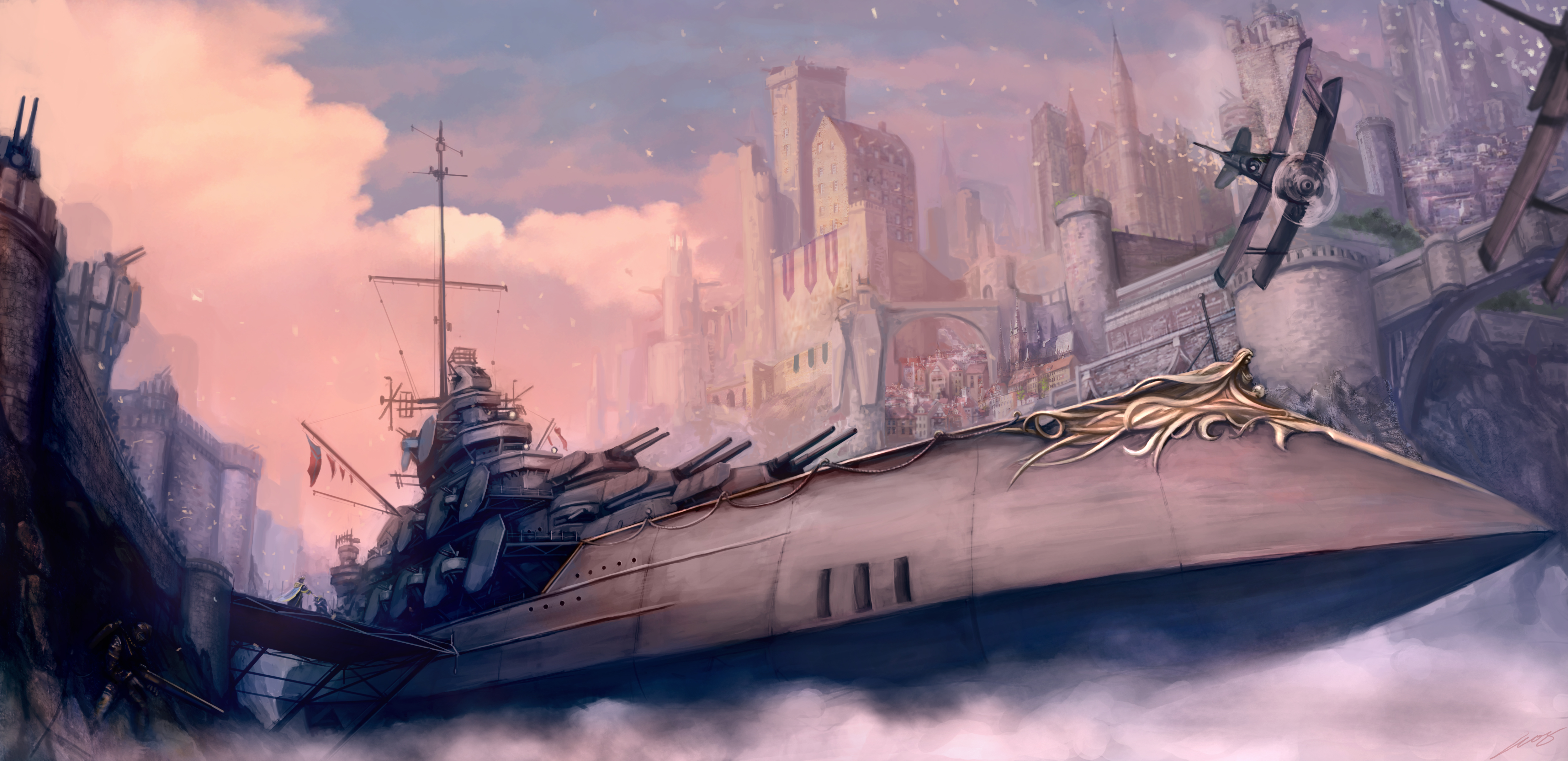 okita, wall, absurdres, highres, 2boys, aircraft, airplane, airship, biplane, bridge, castle, city, gun, multiple boys, ship, soldier, tower, vehicle focus, watercraft, weapon