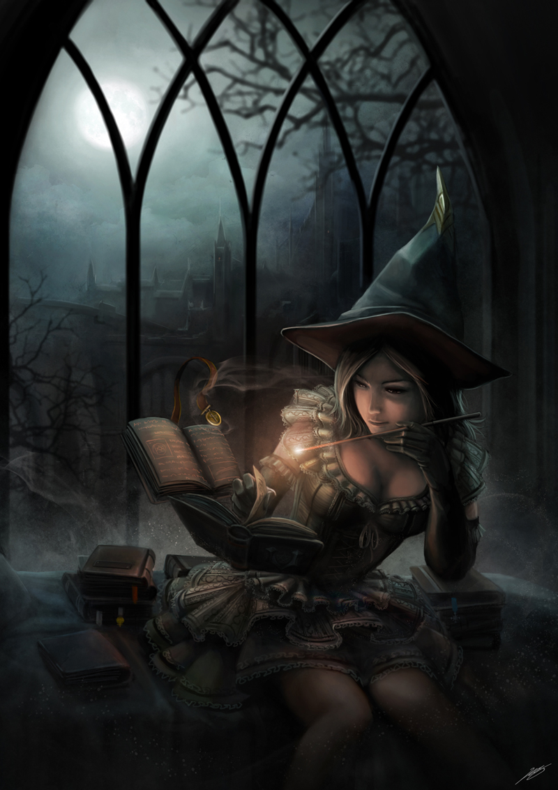 okita, light, 1girl, book, building, castle, church, clock, dress, elbow gloves, female focus, gloves, hat, moon, night, open book, reading, sitting, skirt, solo, thighhighs, wand, witch, witch hat