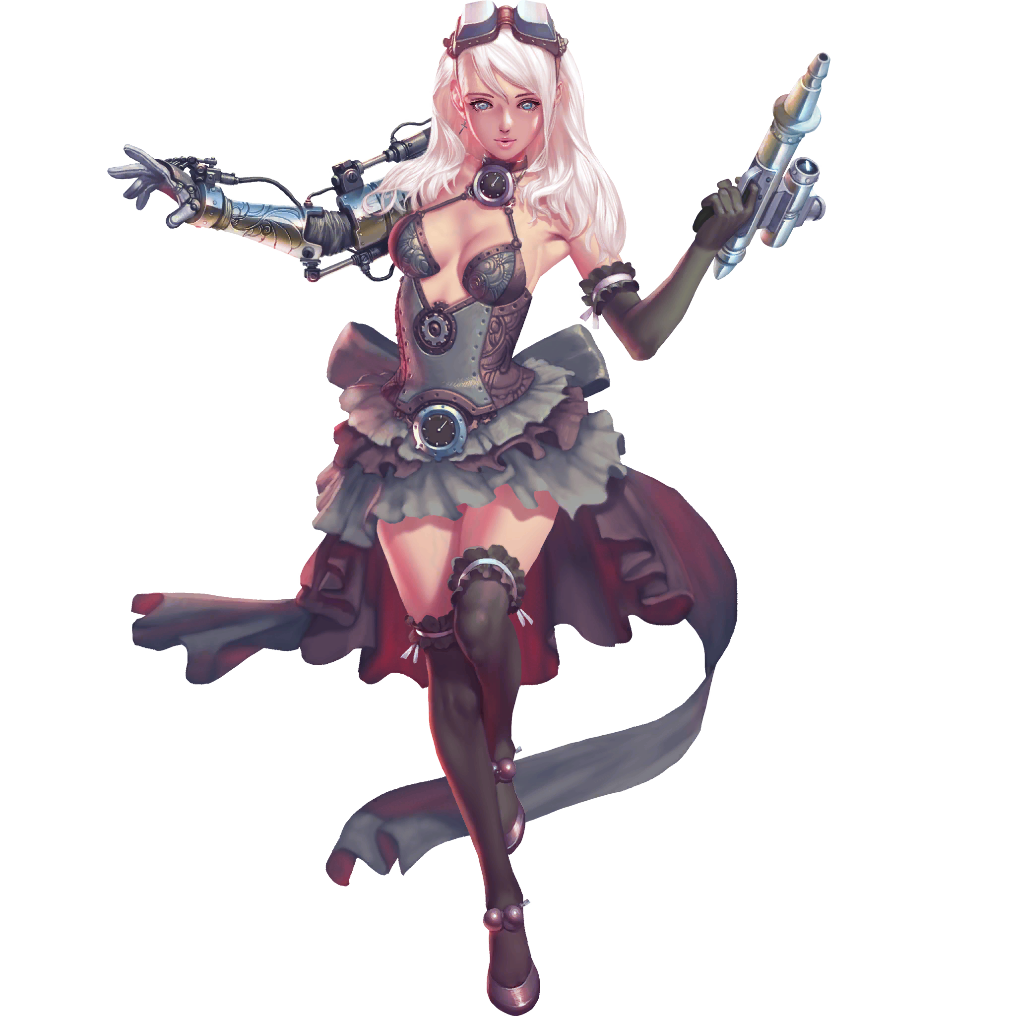 crystal maiden (series), artist request, game cg, highres, official art, variant set, 1girl, asymmetrical sleeves, blue eyes, breasts, cleavage, clock, cross, cross earrings, detached sleeves, earrings, full body, gears, goggles, goggles on head, gun, hair over shoulder, holding, holding gun, holding weapon, jess (crystal maidens), jewelry, skirt, solo, standing, standing on one leg, transparent background, weapon, white hair