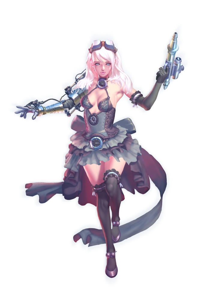 crystal maiden (series), artist request, game cg, official art, variant set, 1girl, asymmetrical sleeves, blue eyes, breasts, cleavage, clock, cross, cross earrings, detached sleeves, earrings, full body, gears, goggles, goggles on head, gun, hair over shoulder, holding, holding gun, holding weapon, jess (crystal maidens), jewelry, skirt, solo, standing, standing on one leg, transparent background, weapon, white hair