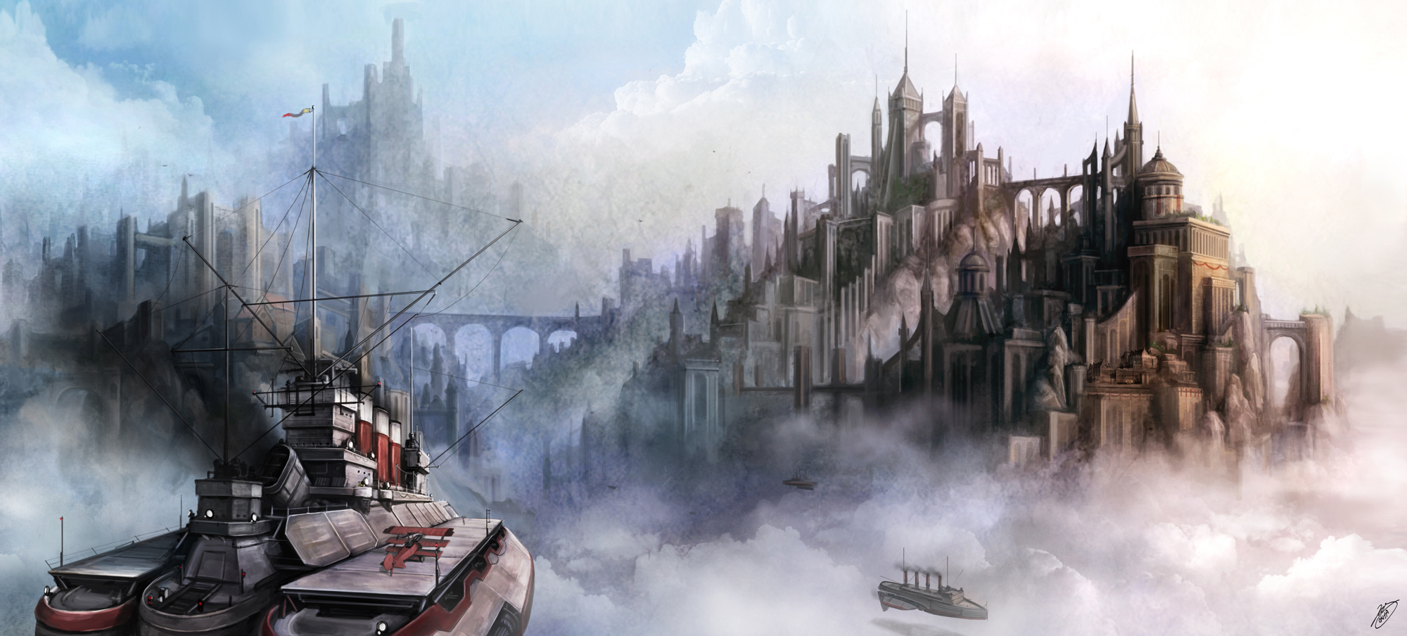 okita, highres, long image, wide image, aircraft, airplane, airship, antennae, bridge, building, city, cloud, flying, no humans, scenery, ship, triplane, watercraft