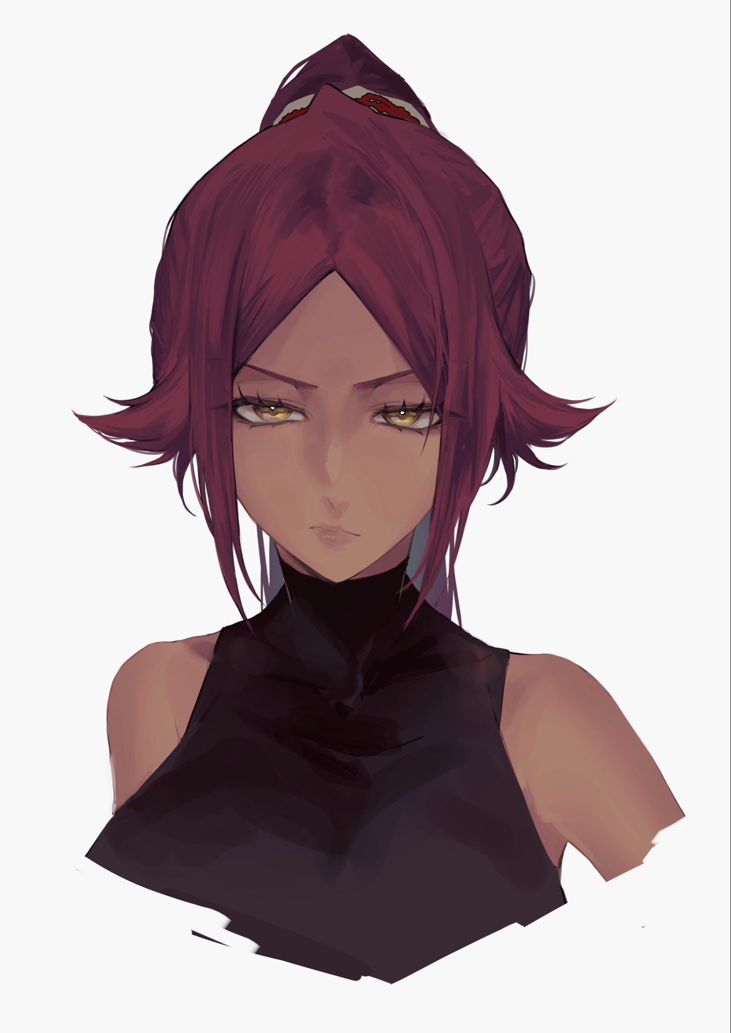ui 1231, shihouin yoruichi, bleach, bleach: sennen kessen-hen, highres, 1girl, bare shoulders, black leotard, breasts, collarbone, dark-skinned female, dark skin, female focus, hair ornament, leotard, long hair, looking at viewer, parted bangs, ponytail, portrait, purple hair, simple background, upper body, white background, yellow eyes