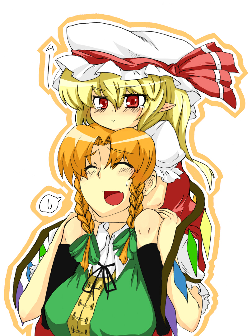 ariyoshi gen, flandre scarlet, hong meiling, embodiment of scarlet devil, touhou, bad id, bad pixiv id, 2girls, :t, blonde hair, braid, carrying, closed eyes, female focus, hat, multiple girls, orange hair, pointy ears, pout, red eyes, ribbon, shoulder carry, tears, twin braids, wings
