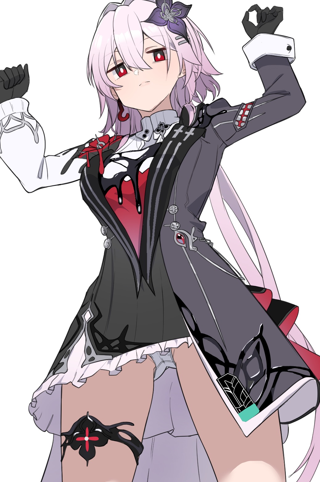 evernight (honkai: star rail), march 7th (honkai: star rail), honkai: star rail, honkai (series), commentary request, highres, 1girl, arms up, black dress, black flower, black gloves, breasts, closed mouth, cow, dress, earrings, expressionless, flower, flower ornament, gloves, hair between eyes, hair flower, hair ornament, hairclip, jewelry, long hair, long sleeves, looking at viewer, looking down, official alternate eye color, panties, pantyshot, pink hair, red eyes, simple background, single earring, solo, underwear, white background, white panties, ynfkin