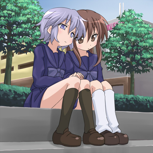 mountain pukuichi, original, 2girls, blue eyes, blue hair, brown hair, multiple girls, ribbon, school uniform