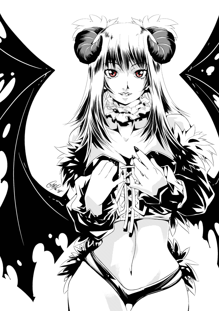 1girl, demon girl, female focus, greyscale, horns, long hair, monochrome, naughty face, open mouth, red eyes, smile, solo, spot color, thigh gap, wings