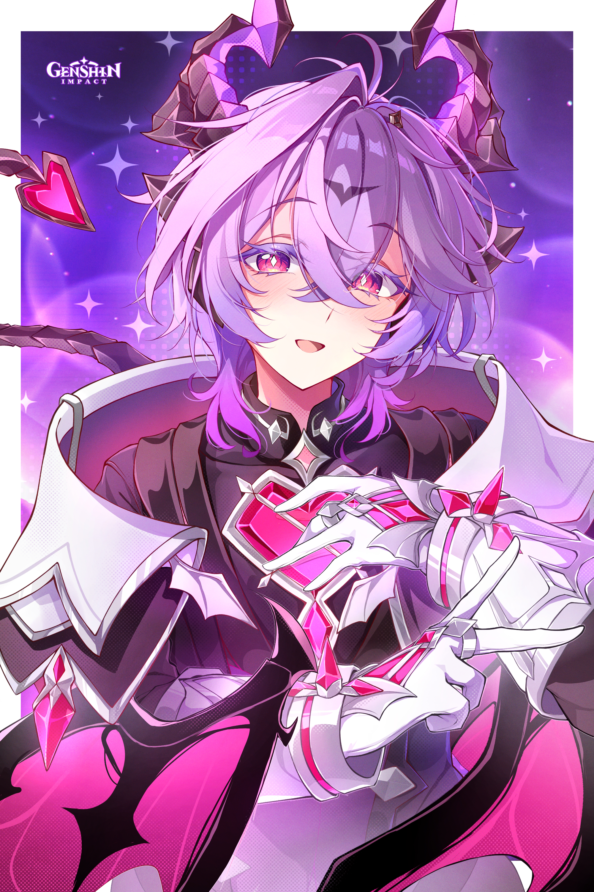 midori (midori13579), mini durin (genshin impact), mini durin (human) (genshin impact), genshin impact, absurdres, commentary, highres, 1boy, copyright name, diamond-shaped pupils, diamond (shape), dragon horns, dragon wings, gloves, hair between eyes, hands up, horns, long sleeves, looking at viewer, male focus, parted lips, purple eyes, purple hair, short hair with long locks, solo, symbol-shaped pupils, tail, v, white gloves, wings