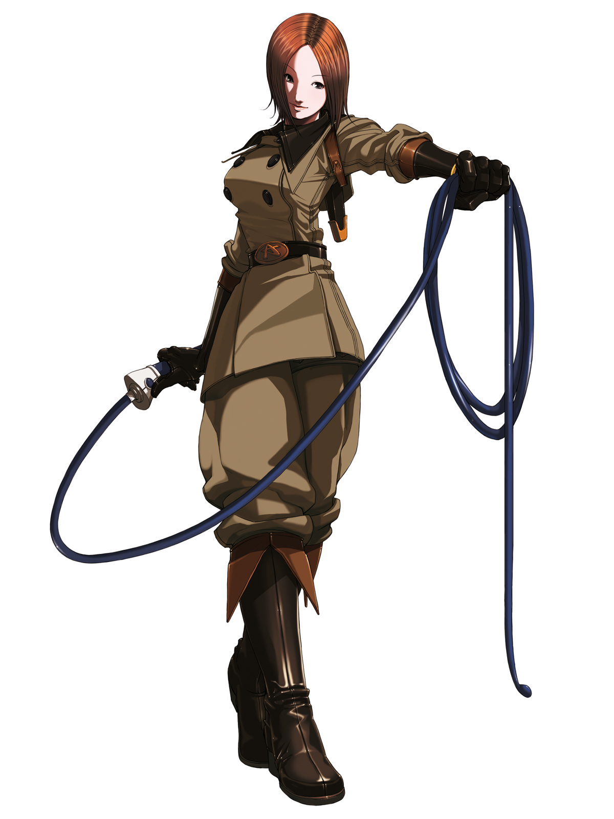 falcoon, whip (kof), snk, the king of fighters, the king of fighters 2003, uniform, highres, official art, 1girl, black gloves, blush, breasts, brown eyes, brown hair, female focus, gloves, holding, holding weapon, long sleeves, looking at viewer, simple background, solo, weapon, whip, white background