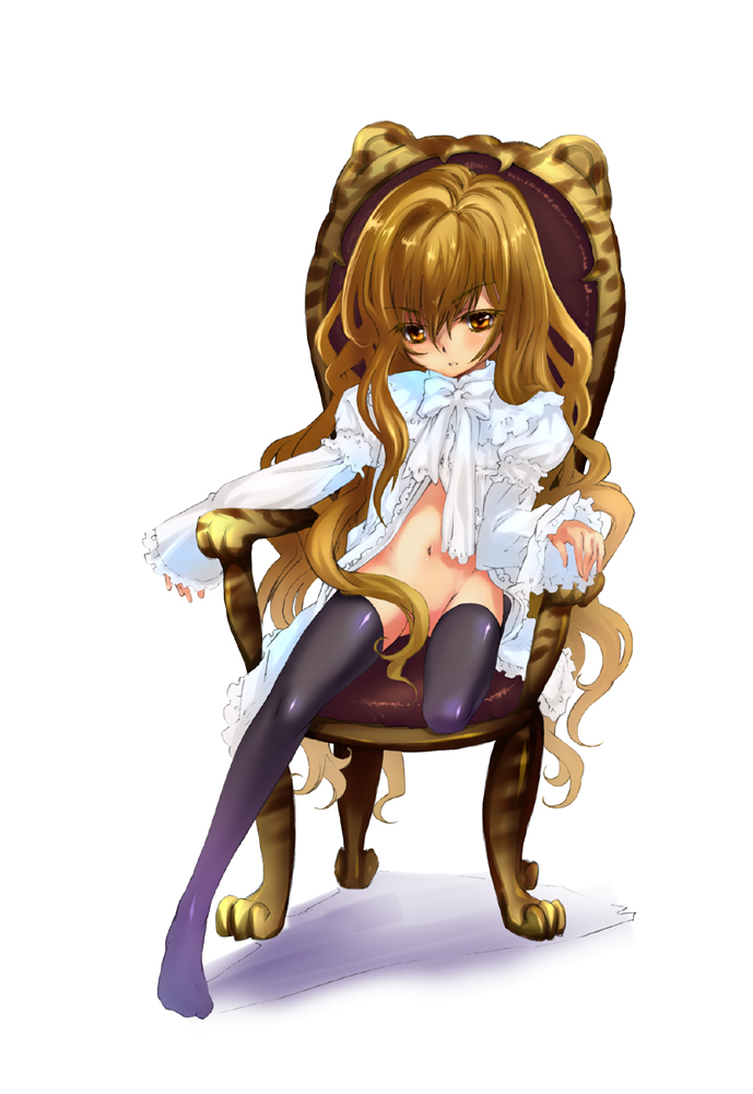 milky cone, milky korone, aisaka taiga, toradora!, 00s, animal print, blonde hair, bottomless, brown eyes, brown hair, censored, chair, convenient censoring, frills, hair censor, lingerie, long hair, navel, nightgown, no panties, on chair, open clothes, solo, thighhighs, tiger print, underwear, very long hair