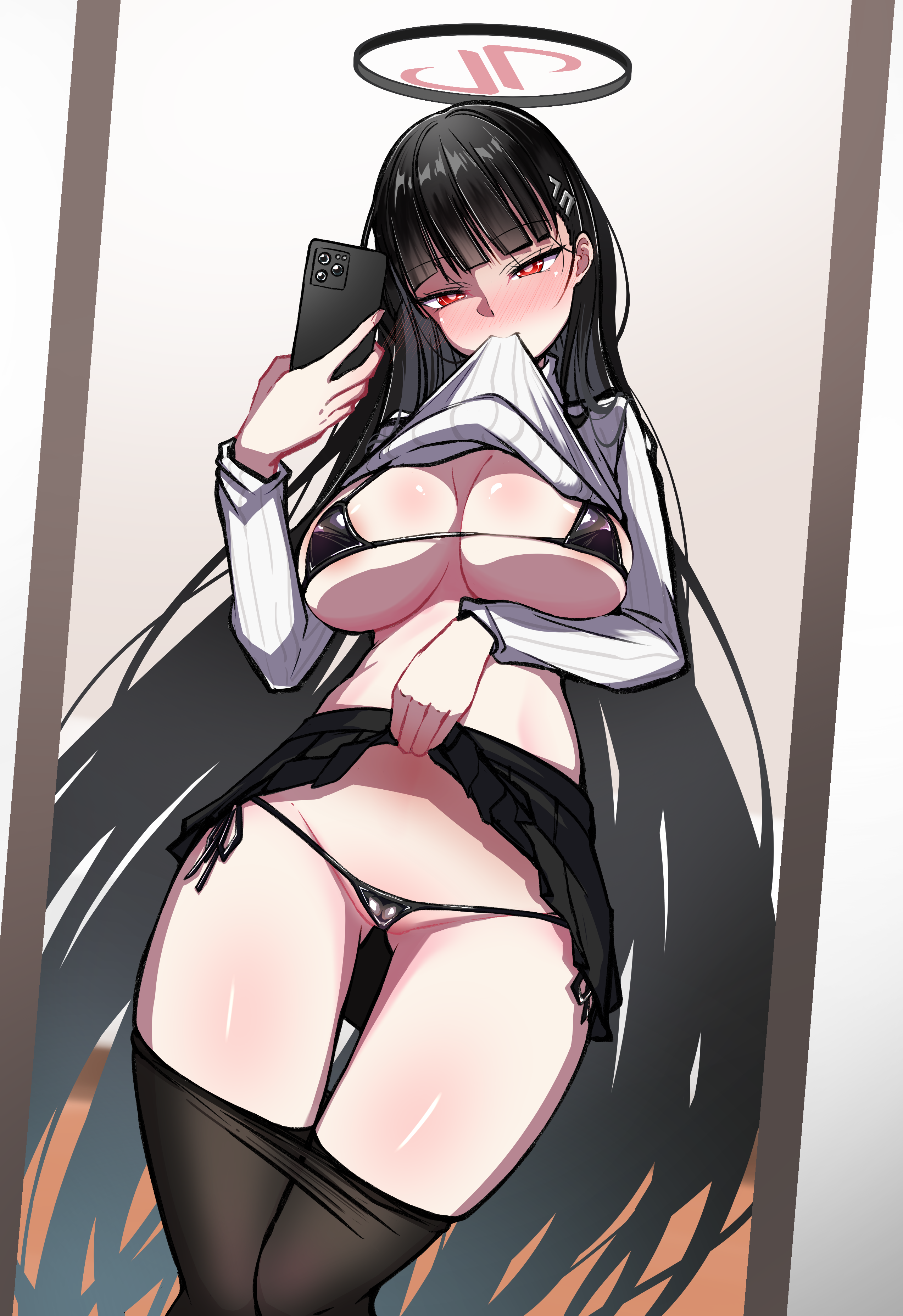 ahiru taii, rio (blue archive), blue archive, absurdres, commentary request, commission, highres, pixiv commission, variant set, 1girl, areola slip, bikini, biting, biting clothes, black bikini, black hair, black pantyhose, black skirt, blunt bangs, blush, breasts, cellphone, clothes lift, clothes pull, hair ornament, hairclip, holding, holding phone, large breasts, long hair, micro bikini, mirror selfie, pantyhose, pantyhose pull, phone, red eyes, ribbed sweater, selfie, skirt, skirt lift, smartphone, solo, sweater, sweater lift, swimsuit, turtleneck, turtleneck sweater, very long hair, white sweater