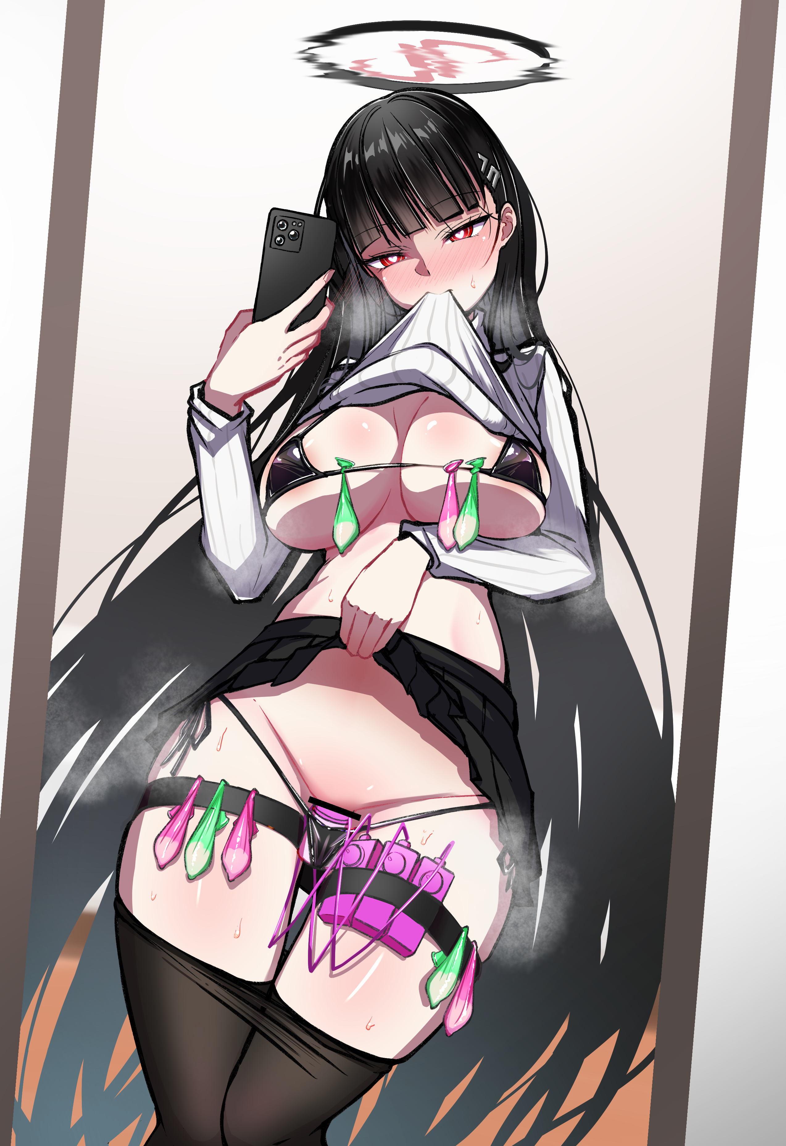 ahiru taii, rio (blue archive), blue archive, absurdres, commentary request, commission, highres, pixiv commission, variant set, 1girl, areola slip, bar censor, bikini, biting, biting clothes, black bikini, black hair, black pantyhose, black skirt, blunt bangs, blush, breasts, cellphone, censored, clothes lift, clothes pull, condom, dildo, hair ornament, hairclip, heart, heart-shaped pupils, holding, holding phone, large breasts, long hair, micro bikini, mirror selfie, object insertion, pantyhose, pantyhose pull, phone, red eyes, ribbed sweater, selfie, sex toy, skirt, skirt lift, smartphone, solo, sweat, sweater, sweater lift, swimsuit, symbol-shaped pupils, turtleneck, turtleneck sweater, used condom, vaginal, vaginal object insertion, very long hair, vibrator, white sweater
