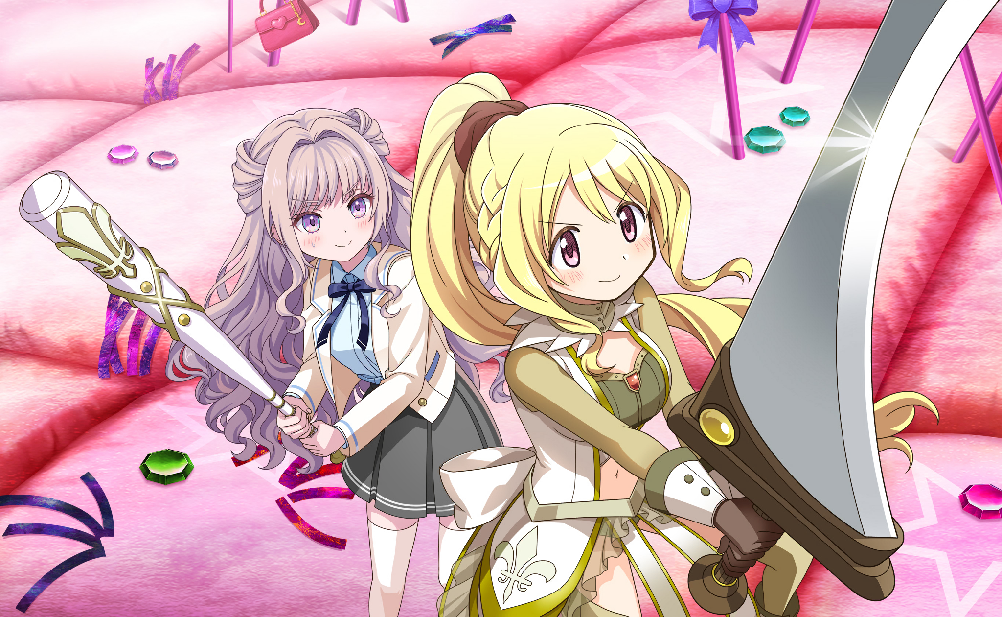 togame momoko, magia record: mahou shoujo madoka magica gaiden, mahou shoujo madoka magica, mahou shoujo madoka magica magia exedra, artist request, game cg, highres, official art, 2girls, back bow, baseball bat, black gloves, black scrunchie, blazer, blonde hair, blue bow, blue bowtie, blue shirt, bow, bowtie, buttons, chest jewel, closed mouth, clothing cutout, collar, collared jacket, collared shirt, cowboy shot, crop top, detached collar, detached sleeves, determined, dot nose, dress, feather trim, feet out of frame, fleur-de-lis, frilled dress, frills, gem, gloves, green collar, green shirt, green sleeves, green theme, grey hair, grey skirt, hair between eyes, hair intakes, hair ornament, hair scrunchie, happy, high collar, high ponytail, holding, holding baseball bat, holding sword, holding weapon, huge weapon, jacket, lapels, light blush, long hair, long sleeves, looking ahead, magical girl, miniskirt, multiple girls, nape braid, navel, notched lapels, open clothes, open dress, open jacket, pink eyes, pleated skirt, pocket, ponytail, print dress, purple eyes, red gemstone, scrunchie, shirt, sidelocks, skirt, sleeveless, sleeveless dress, smile, star (symbol), stomach cutout, sword, tareme, thighhighs, v-shaped eyebrows, very long hair, wavy hair, weapon, white bow, white dress, white jacket, white thighhighs, white wrist cuffs, witch's labyrinth, wrist cuffs, yoake sumire, zettai ryouiki