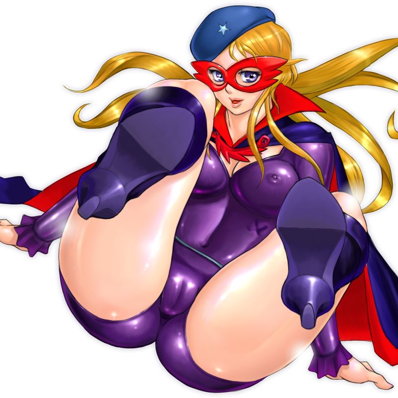 zen and retro, simone (la seine no hoshi), la seine no hoshi, sunrise (company), 1970s (style), 1girl, beret, cameltoe, covered erect nipples, female focus, hat, high heels, latex, mask, oldschool, retro artstyle, shoes, solo