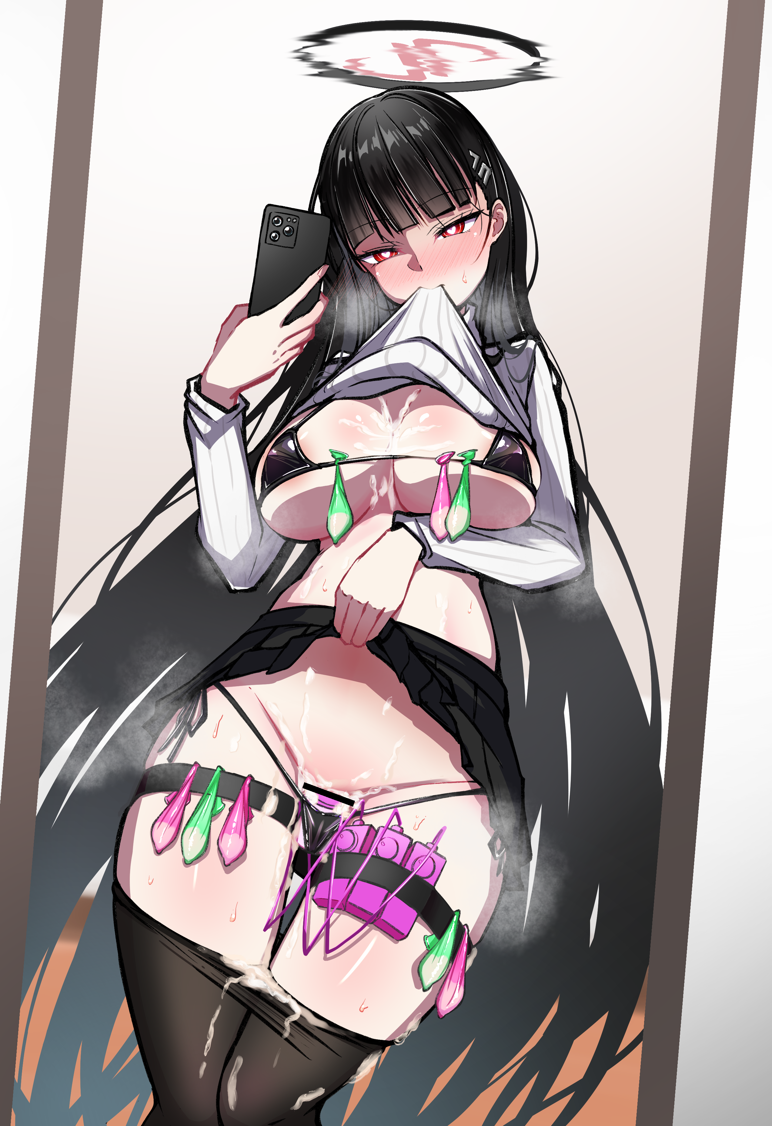 ahiru taii, rio (blue archive), blue archive, absurdres, commentary request, commission, highres, pixiv commission, variant set, 1girl, areola slip, bar censor, bikini, biting, biting clothes, black bikini, black hair, black pantyhose, black skirt, blunt bangs, blush, breasts, cellphone, censored, clothes lift, clothes pull, condom, cum, cum on body, cum on breasts, cum on upper body, dildo, hair ornament, hairclip, heart, heart-shaped pupils, holding, holding phone, large breasts, long hair, micro bikini, mirror selfie, object insertion, pantyhose, pantyhose pull, phone, red eyes, ribbed sweater, selfie, sex toy, skirt, skirt lift, smartphone, solo, sweat, sweater, sweater lift, swimsuit, symbol-shaped pupils, turtleneck, turtleneck sweater, used condom, vaginal, vaginal object insertion, very long hair, vibrator, white sweater