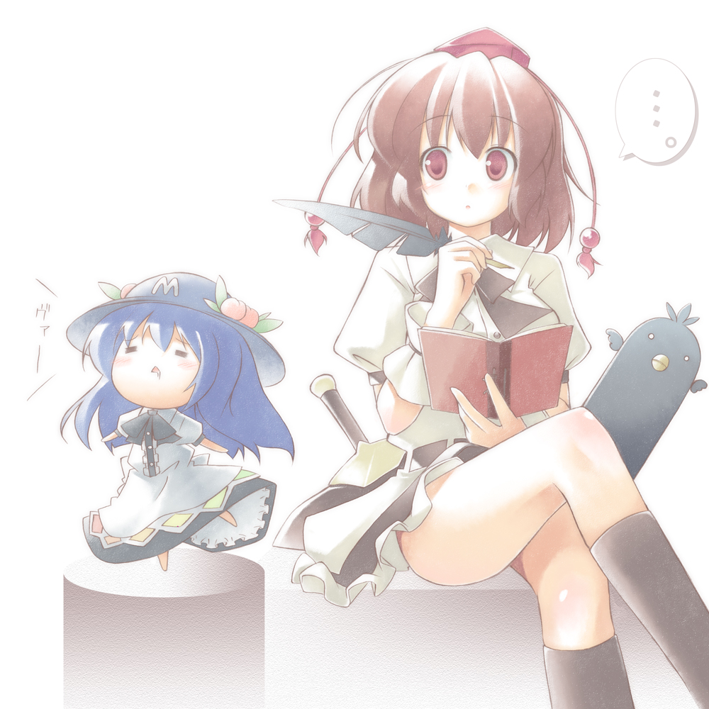 kibushi, hinanawi tenshi, shameimaru aya, touhou, 2girls, :<, blue hair, book, chibi, crossed legs, female focus, food, fruit, hat, holding, holding book, leaf, multiple girls, open book, peach, quill, sitting, tokin hat