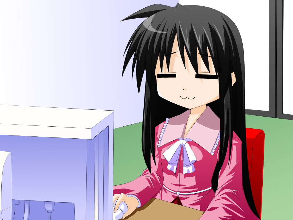 engo (aquawatery), houraisan kaguya, izumi konata, kurokona, lucky star, touhou, 1girl, :3, black hair, computer, cosplay, female focus, hime cut, houraisan kaguya (cosplay), neet, parody, solo, style parody