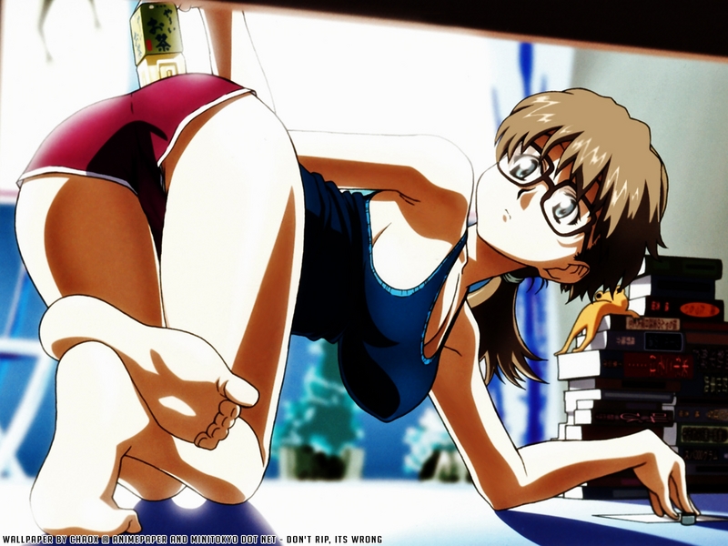 ishihama masashi, sumiregawa nenene, r.o.d the tv, read or die, official art, official wallpaper, 00s, 1girl, all fours, armpits, ass, bare shoulders, barefoot, blouse, blue eyes, book, bottle, breasts, brown hair, cameltoe, cleavage, feet, female focus, frog, from behind, glasses, halterneck, indoors, large breasts, looking back, no bra, ponytail, shirt, short shorts, shorts, sideboob, soles, solo, stuffed animal, stuffed toy, tank top, watermark