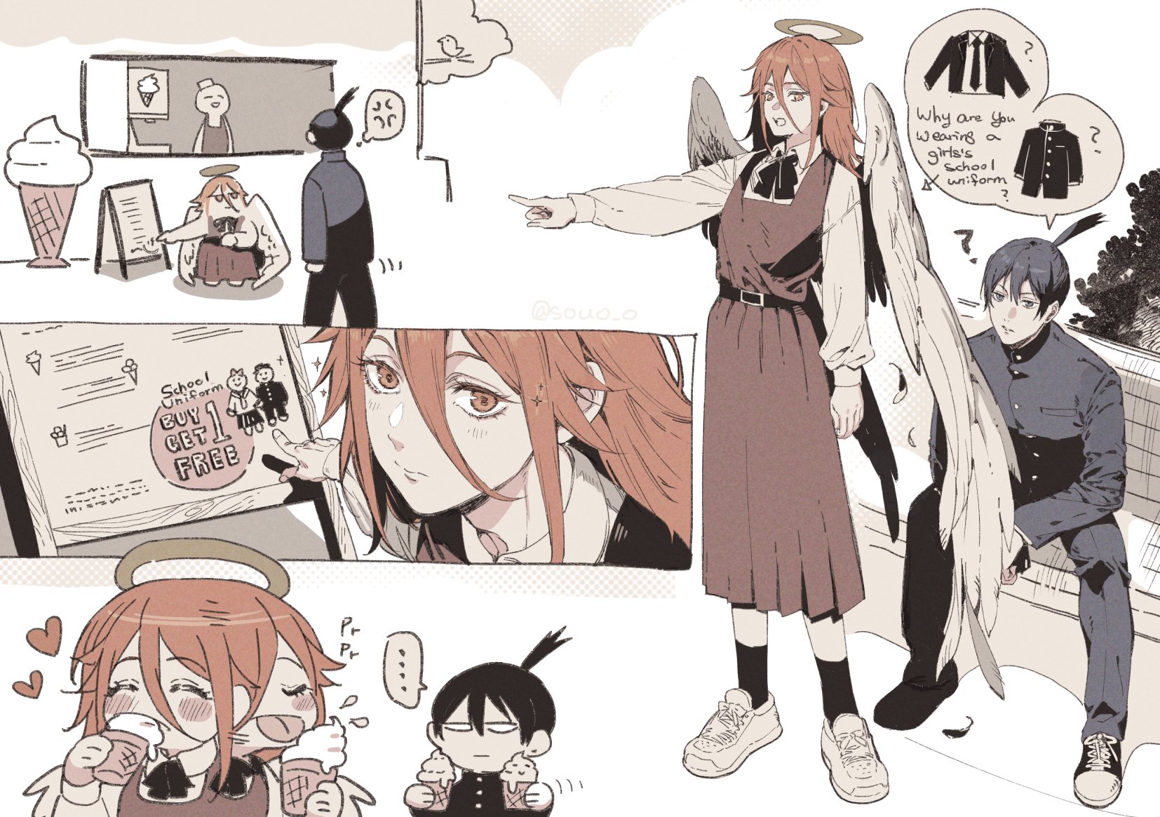 soul (tamashii), angel devil (chainsaw man), hayakawa aki, chainsaw man, commentary request, highres, 2boys, ?, alternate costume, anger vein, black hair, blush, buttons, dress, earrings, food, fourth east high school uniform, gakuran, halo, heart, holding, holding food, holding ice cream, ice cream, jewelry, long hair, male focus, multiple boys, on bench, pinafore dress, pointing, school uniform, short hair, sitting, sleeveless, sleeveless dress, spoken anger vein, standing, topknot, wings