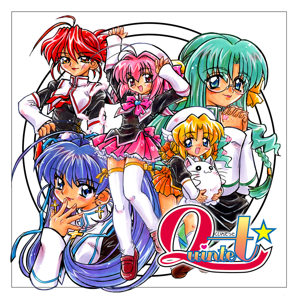 kokomahi, commentary request, official art, 5girls, :3, animal, antenna hair, arm warmers, arms up, beret, black eyes, black shirt, blonde hair, blue eyes, blue hair, blue ribbon, bow, bowtie, braid, breasts, brown shoes, cat, copyright name, cross, cross earrings, earrings, feathers, glasses, green hair, green skirt, hair bow, hair intakes, hair ribbon, hand on own hip, hand up, hands up, hat, heart, hinagiku (quintet), holding, holding animal, holding cat, interlocked fingers, jewelry, karin (quintet), kasumi (quintet), latin cross, lipstick, loafers, long hair, looking at viewer, low twintails, makeup, medium breasts, medium hair, momo (quintet), multiple girls, orange bow, orange skirt, own hands clasped, own hands together, pink bow, pink bowtie, pink eyes, pink hair, pink skirt, ponytail, puritan collar, quintet (drama cd), ranko (quintet), red eyes, red hair, red lips, red ribbon, red skirt, ribbon, school uniform, shirt, shoes, short hair, short ponytail, short twintails, skirt, star (symbol), thighhighs, twintails, white arm warmers, white cat, white feathers, white hat, white thighhighs, wing hat ornament, yellow bow