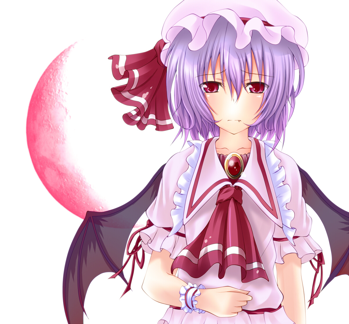 momiz-tama (pixiv), tokijiro, remilia scarlet, touhou, bad id, bad pixiv id, 1girl, blue hair, fang, female focus, hat, outdoors, red eyes, short hair, sky, solo, upper body, white background, wings, wrist cuffs